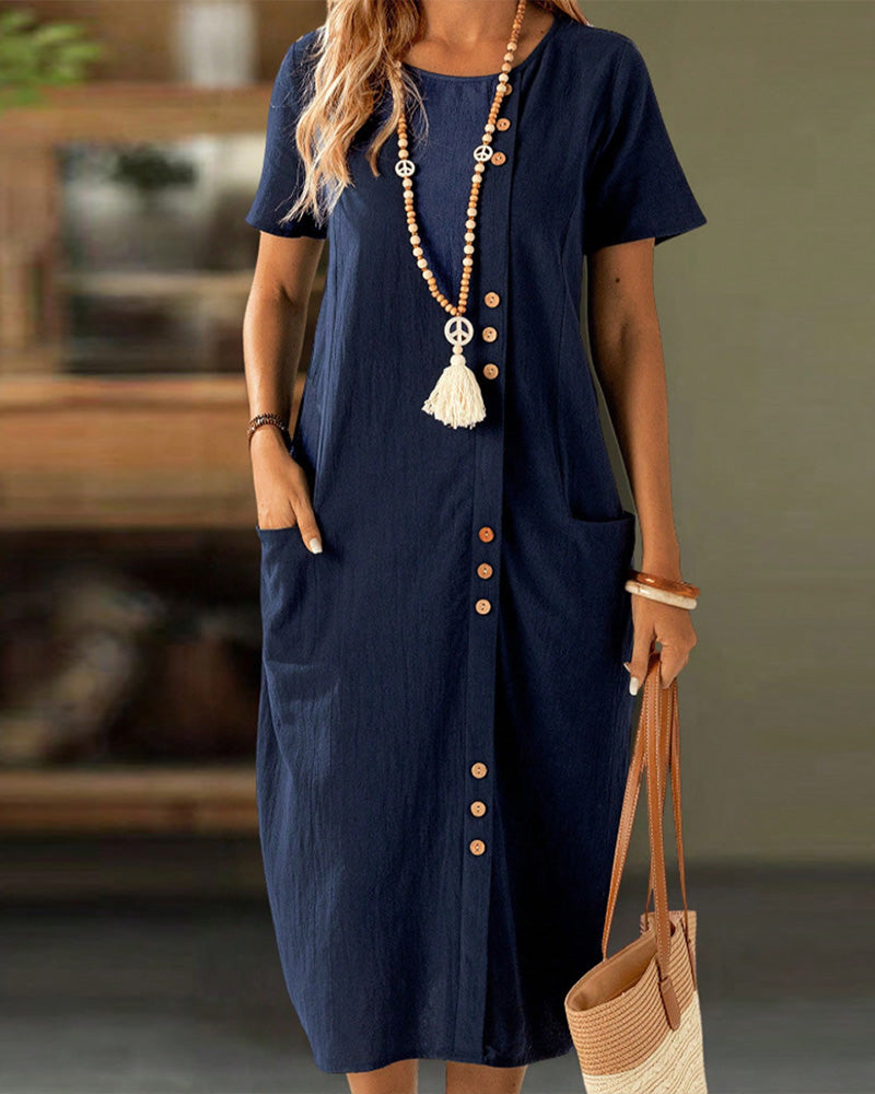 Dress Buttoned Short Sleeve Pocket Shift