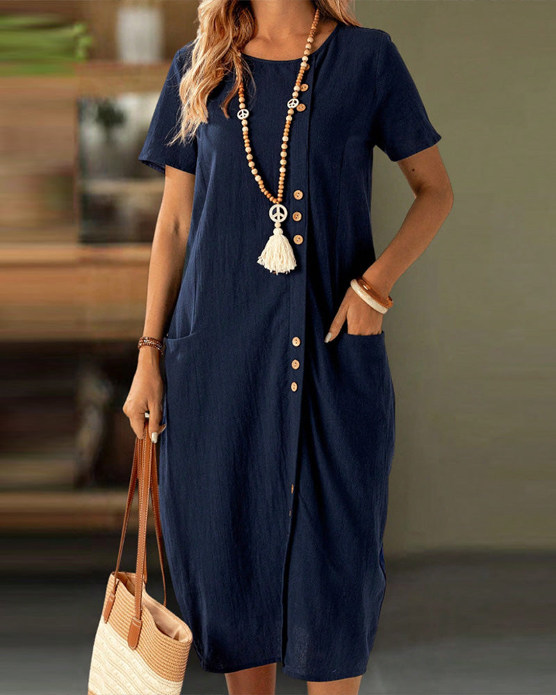 Dress Buttoned Short Sleeve Pocket Shift