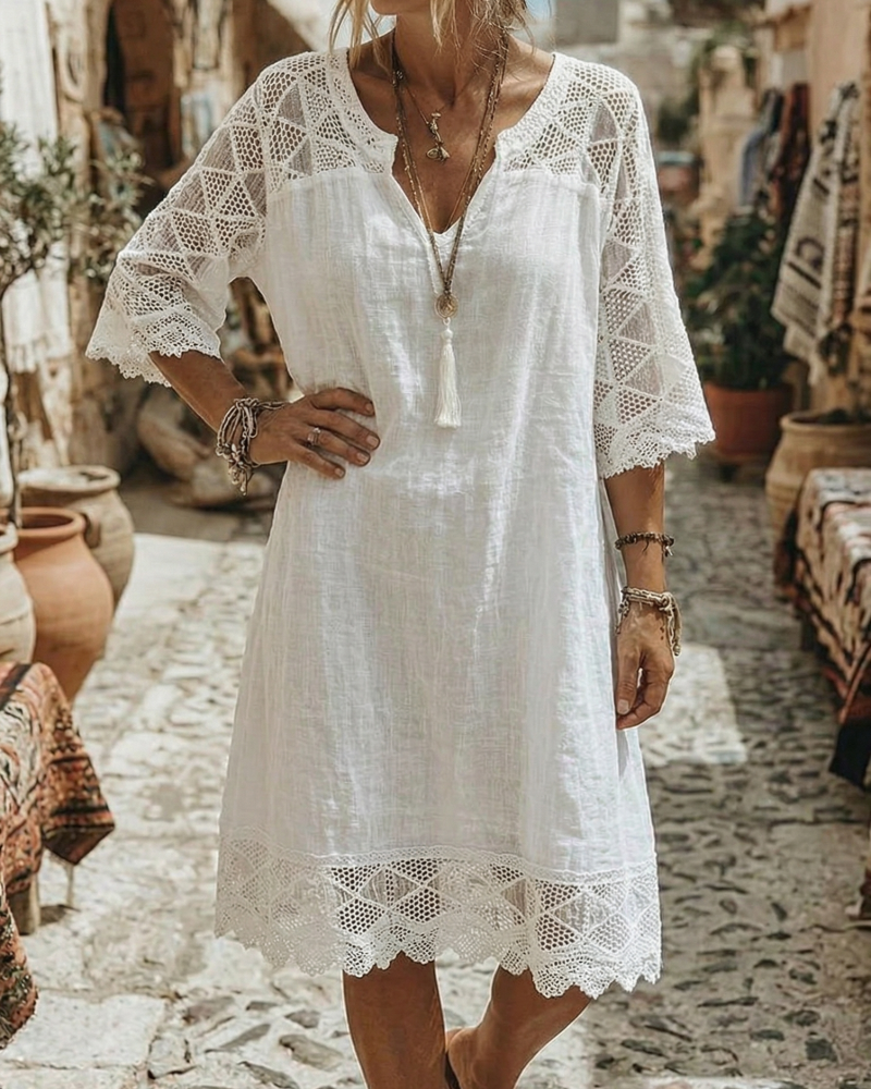 Casual V-Neck Lace Patchwork Dress