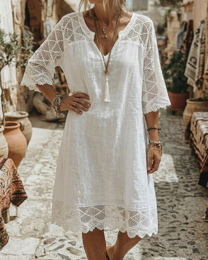 Casual V-Neck Lace Patchwork Dress