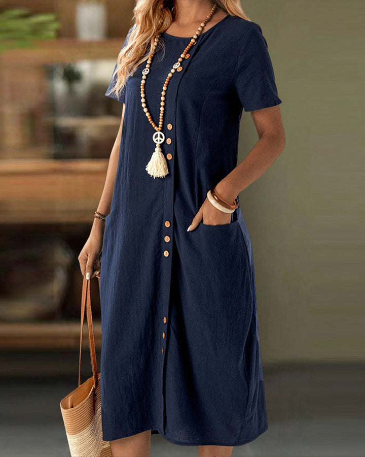 Dress Buttoned Short Sleeve Pocket Shift