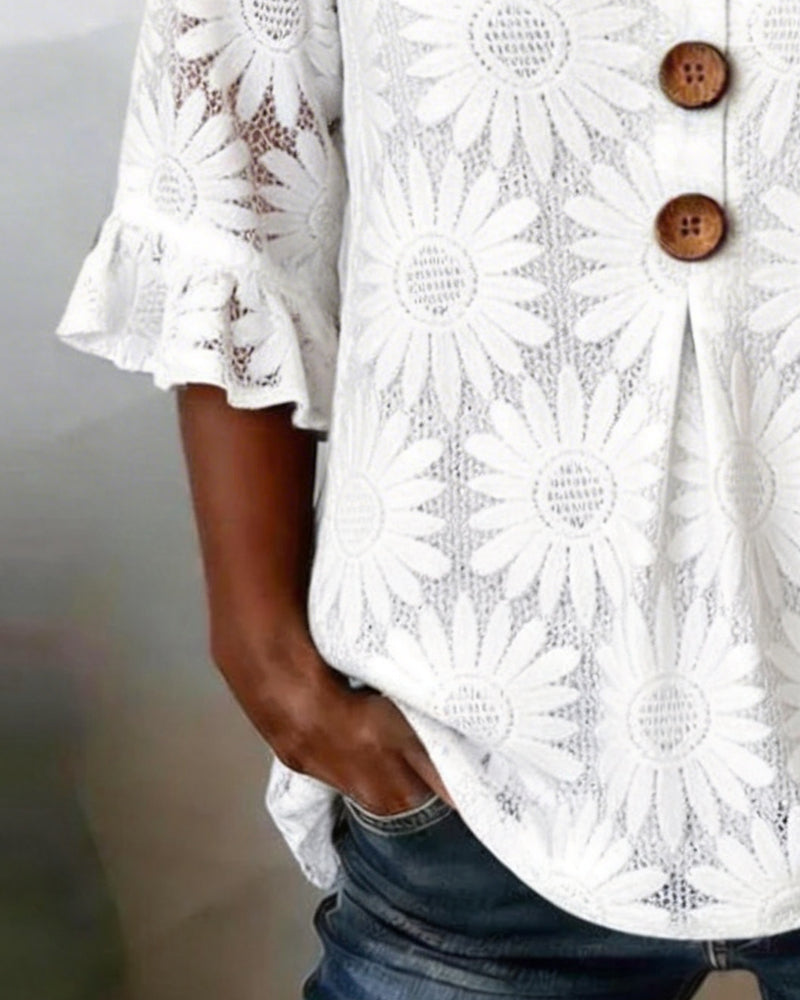 Blouse with Ruched Daisy Pattern and Ruffled Sleeves