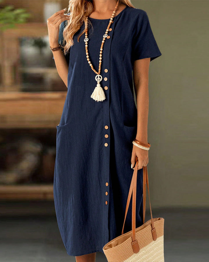 Dress Buttoned Short Sleeve Pocket Shift