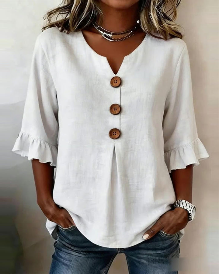 Solid Color Cotton Linen Blouse with Buttons and Ruffles