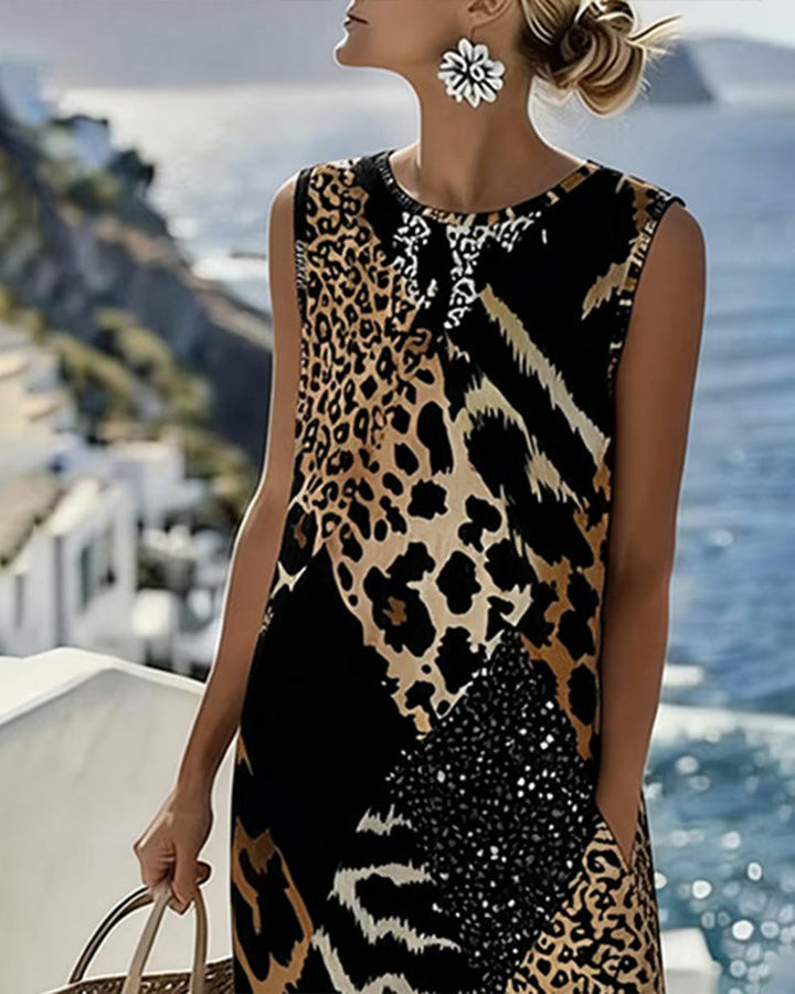 Dress Patchwork Leopard Print Sleeveless Long