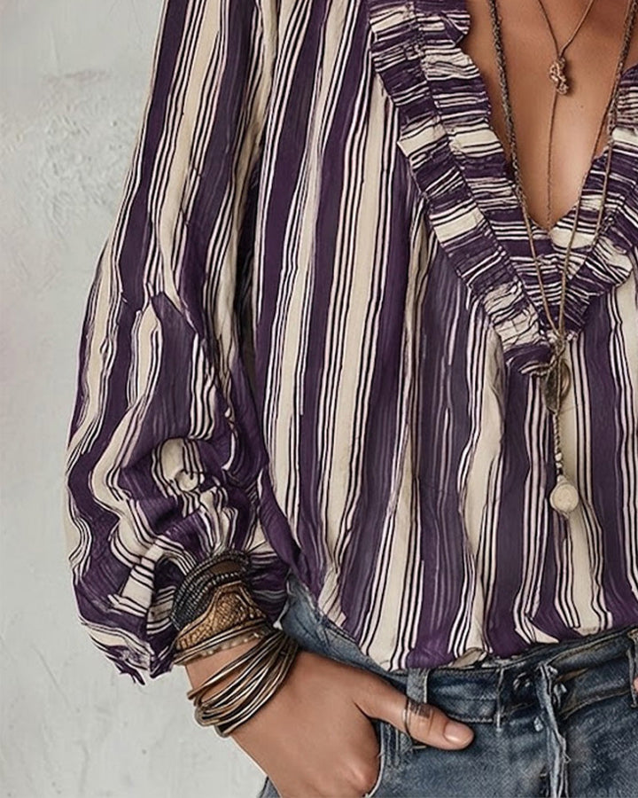 Blouse Deep V Vertical Striped Loose
