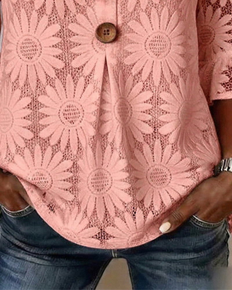 Blouse with Ruched Daisy Pattern and Ruffled Sleeves