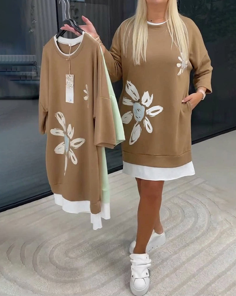 Sweatshirt Dress Round Neck Printed Patchwork
