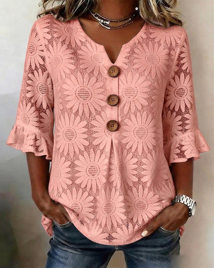 Blouse with Ruched Daisy Pattern and Ruffled Sleeves
