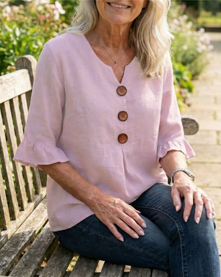 Solid Color Cotton Linen Blouse with Buttons and Ruffles