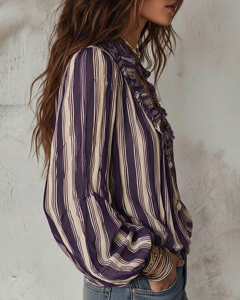 Blouse Deep V Vertical Striped Loose