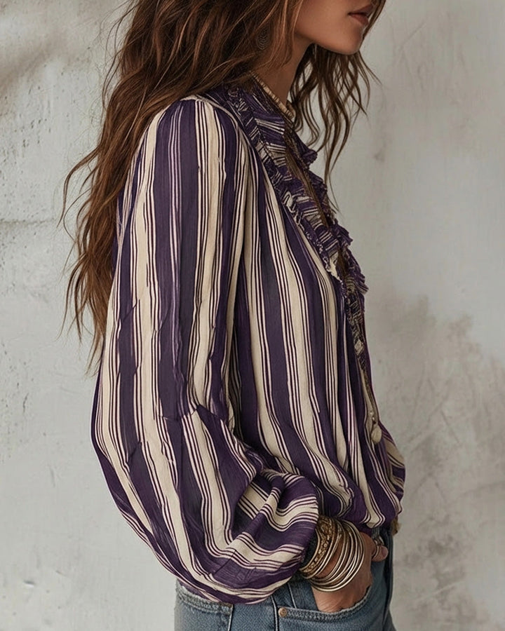 Blouse Deep V Vertical Striped Loose