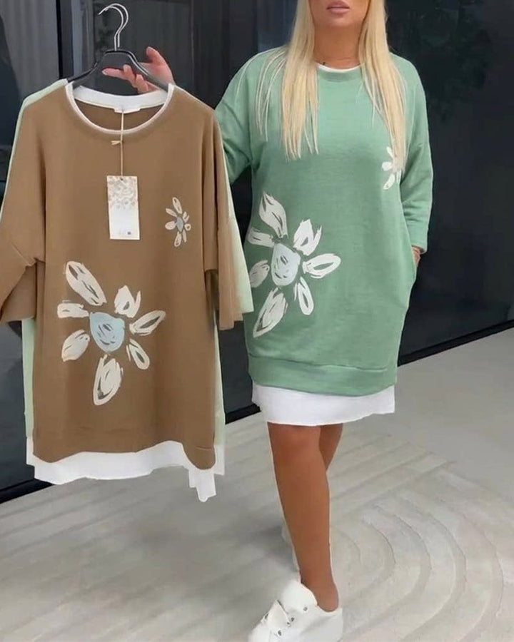 Sweatshirt Dress Round Neck Printed Patchwork