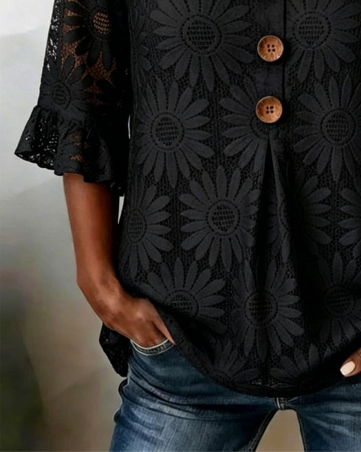 Blouse with Ruched Daisy Pattern and Ruffled Sleeves