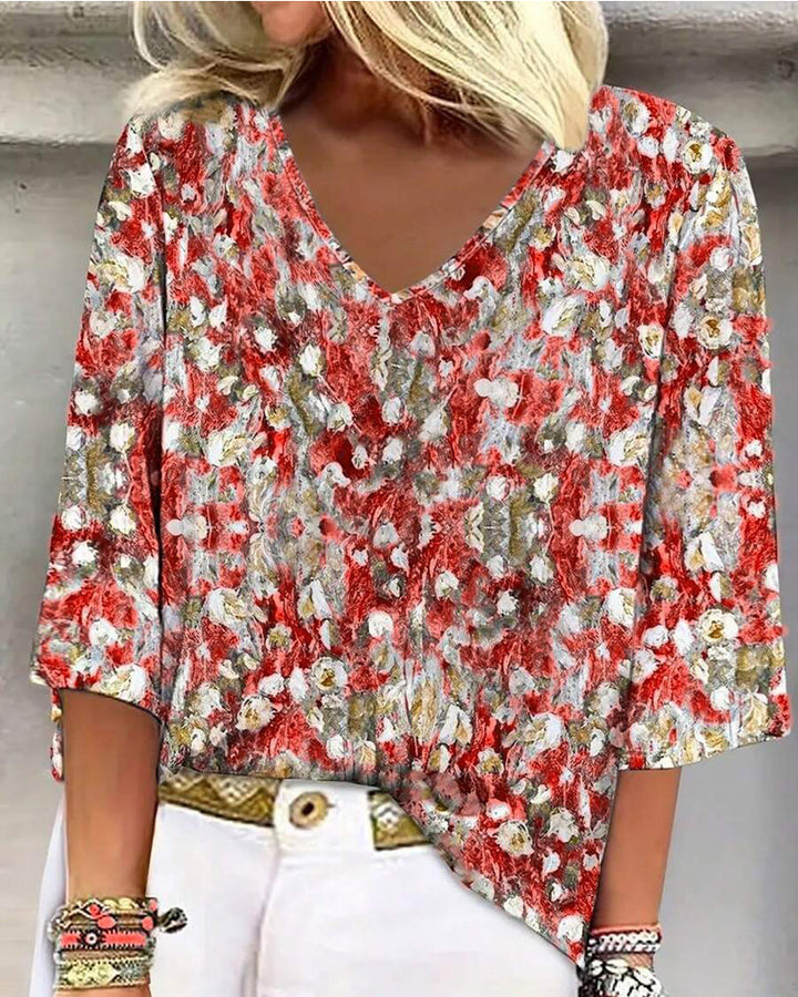 Floral Print Blouse V-Neck Three-Quarter Sleeve