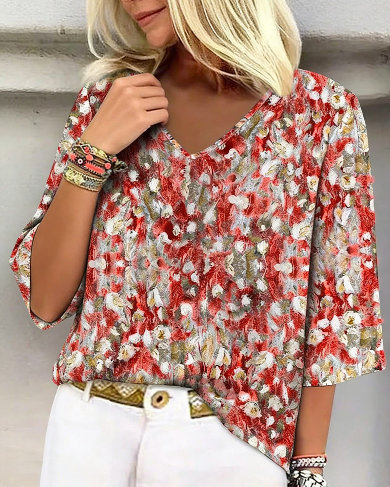 Floral Print Blouse V-Neck Three-Quarter Sleeve
