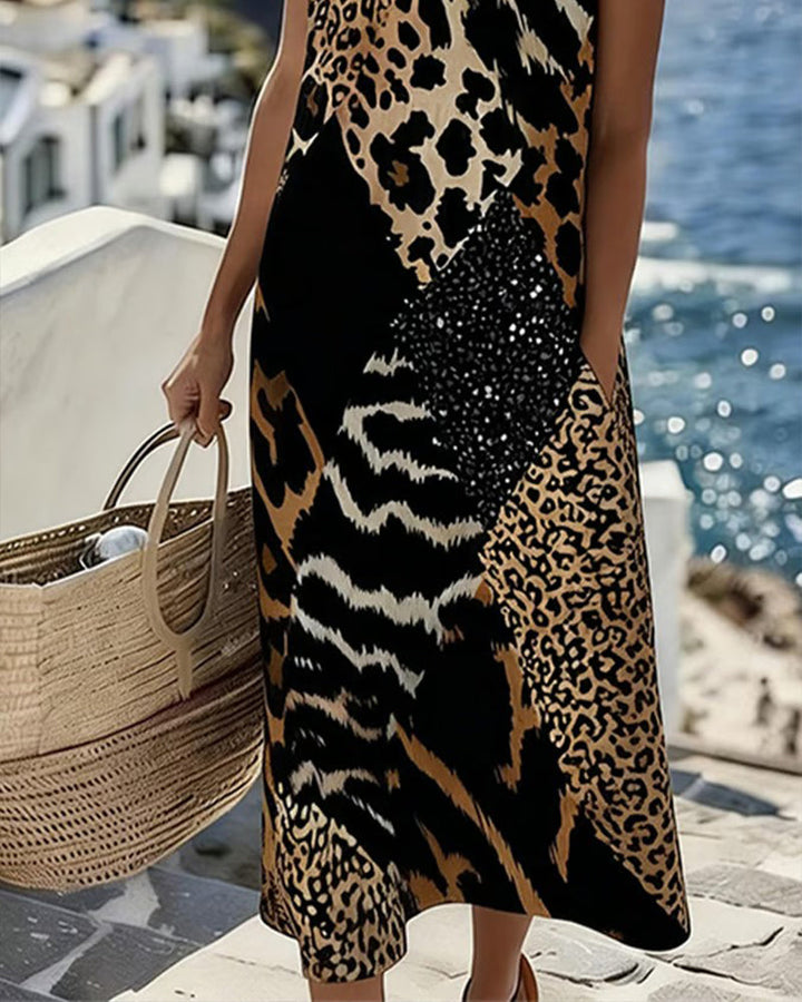 Dress Patchwork Leopard Print Sleeveless Long