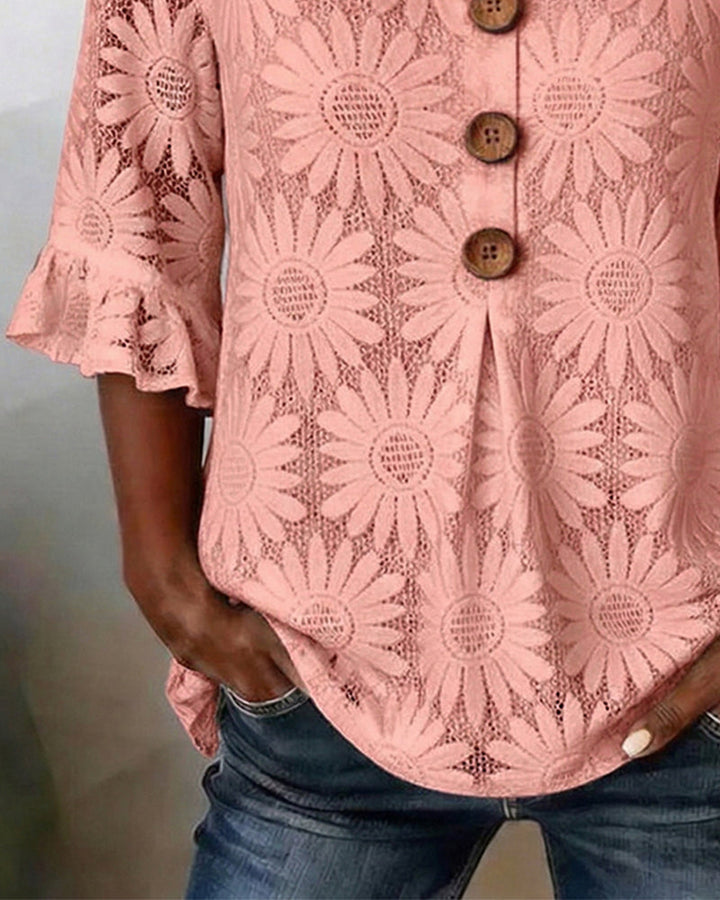 Blouse with Ruched Daisy Pattern and Ruffled Sleeves
