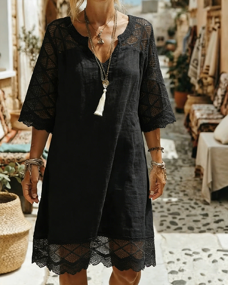 Casual V-Neck Lace Patchwork Dress