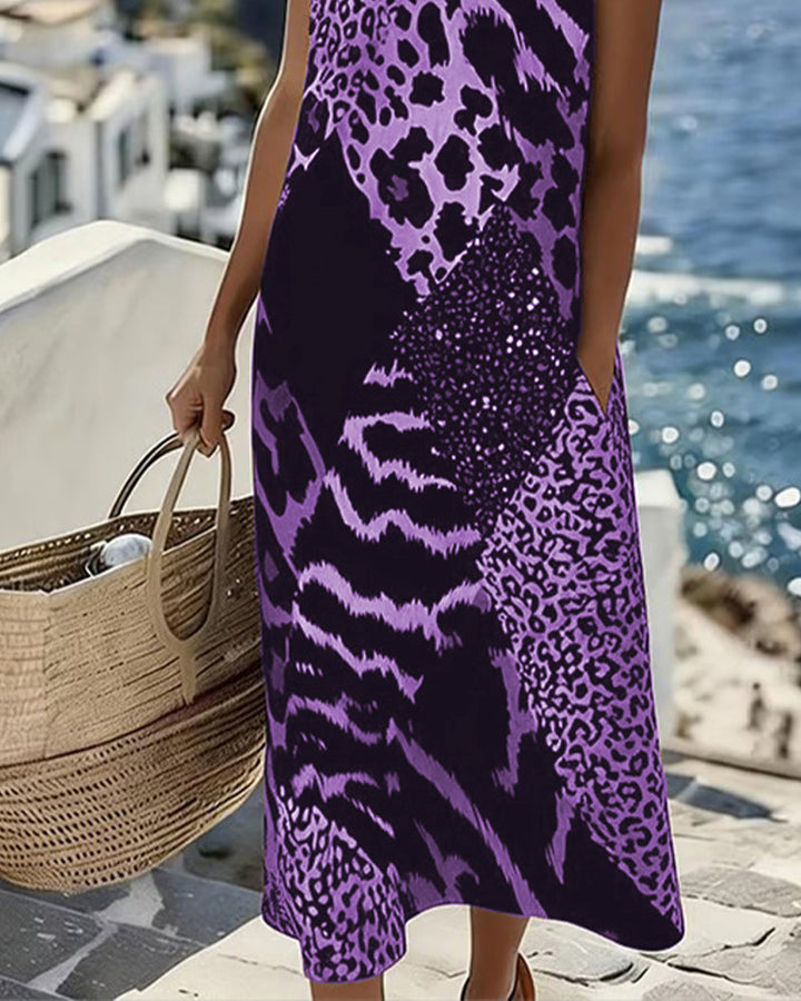 Dress Patchwork Leopard Print Sleeveless Long