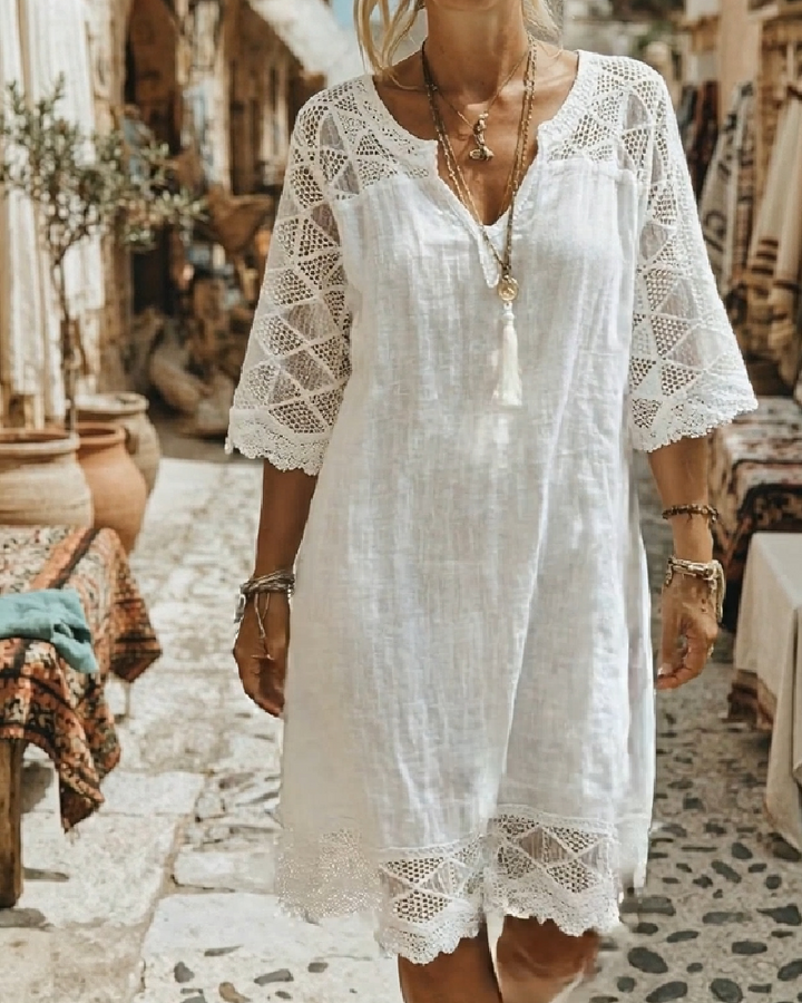 Casual V-Neck Lace Patchwork Dress