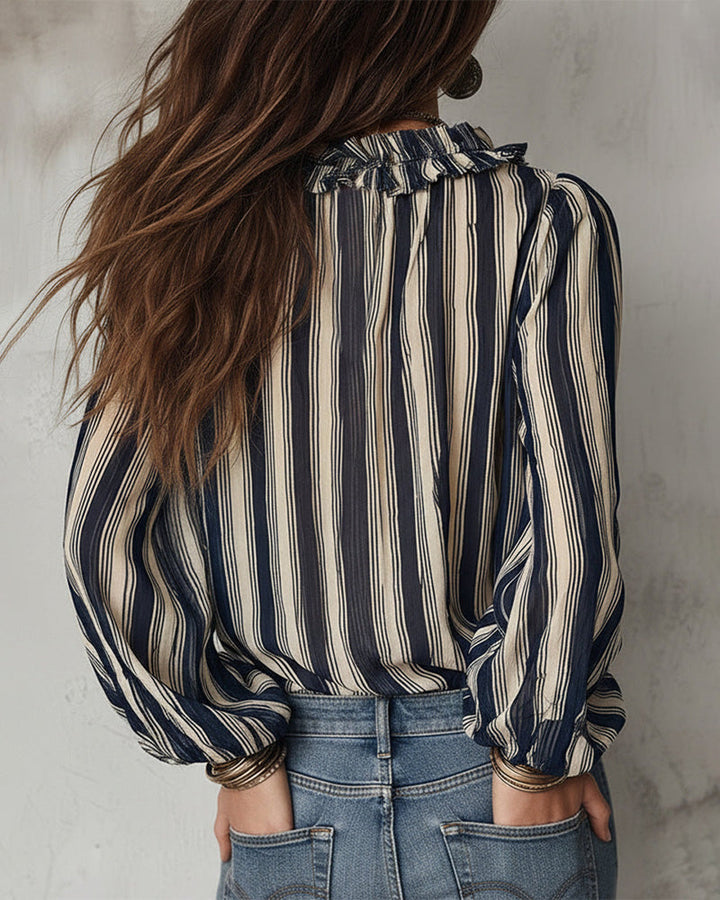Blouse Deep V Vertical Striped Loose