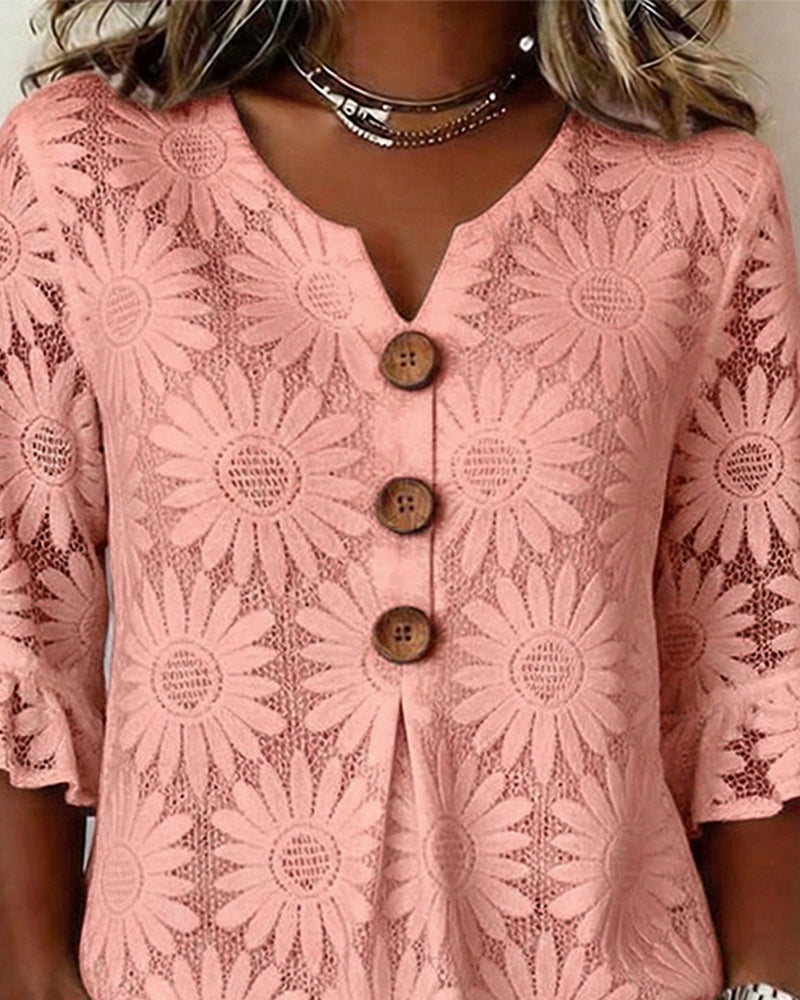 Blouse with Ruched Daisy Pattern and Ruffled Sleeves