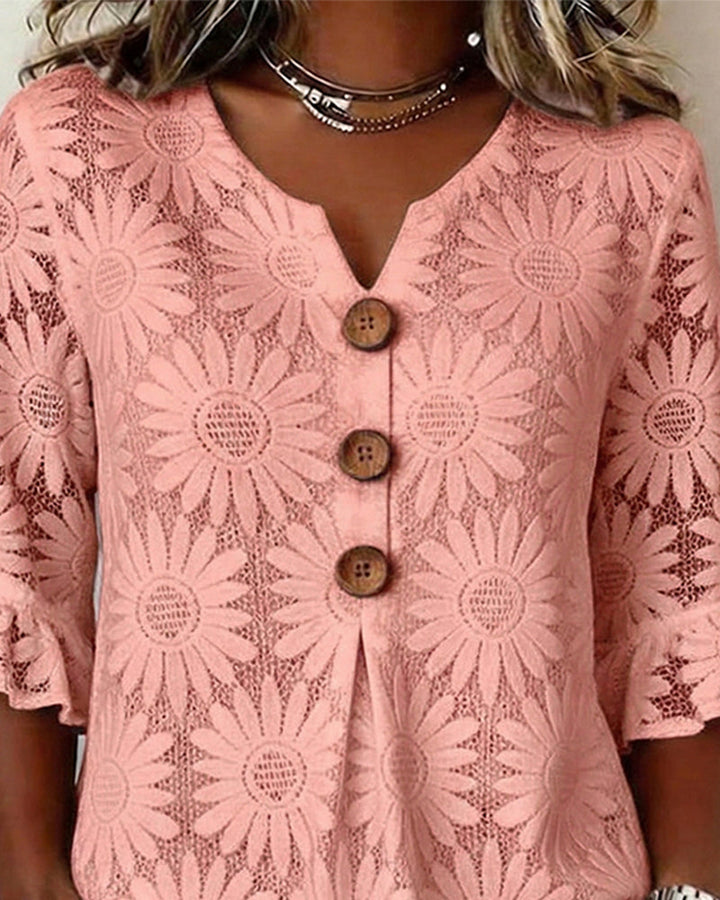 Blouse with Ruched Daisy Pattern and Ruffled Sleeves