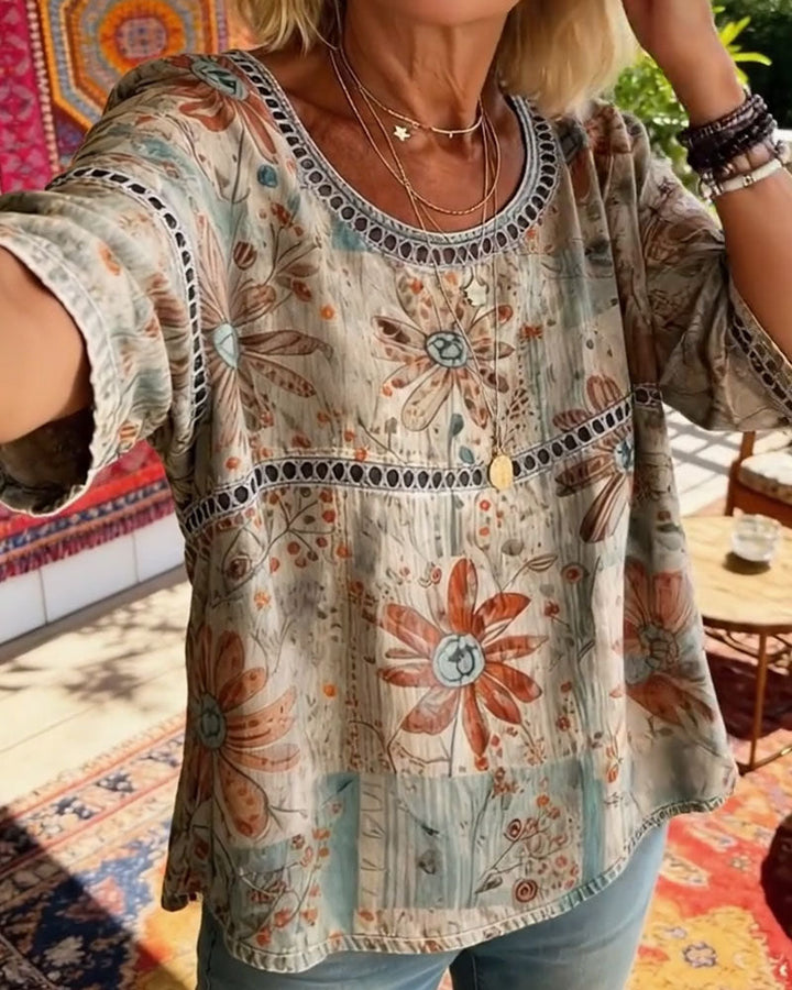 Cut-Out Top with Round Neck Print