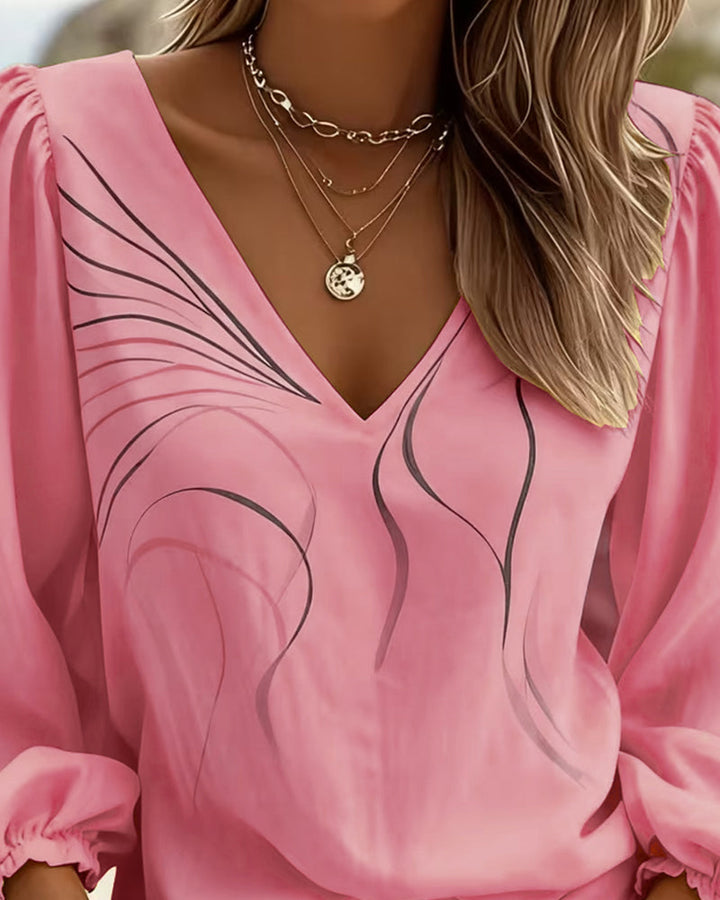 Blouse V-neck Line Printed Puff Sleeve