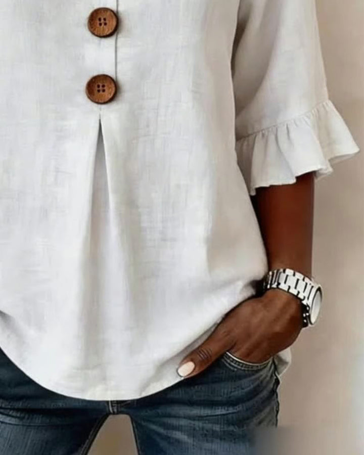 Solid Color Cotton Linen Blouse with Buttons and Ruffles
