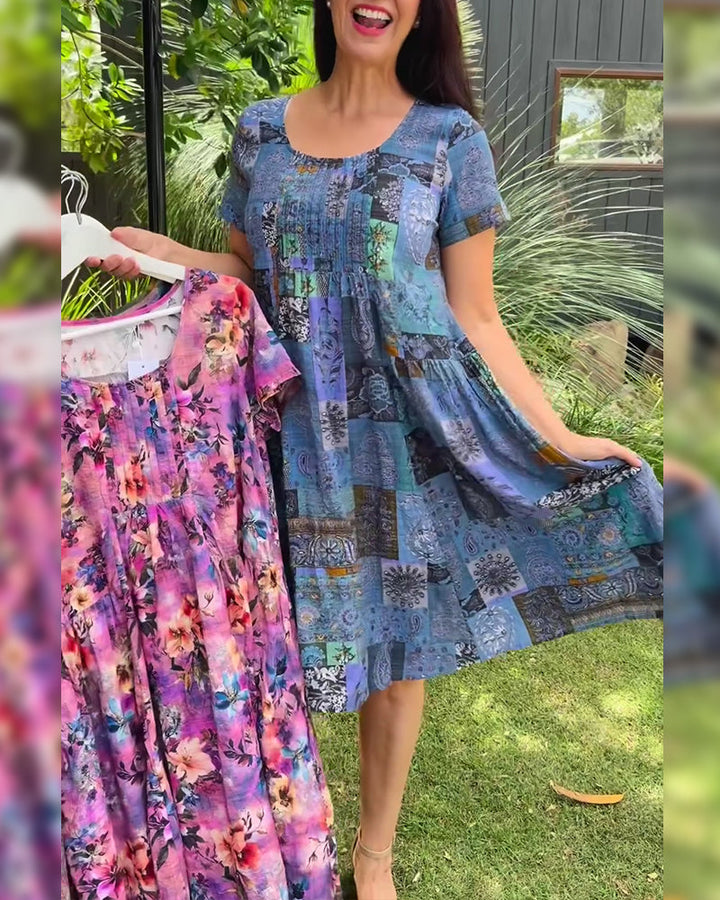 Round Neck Pleated Printed Dress