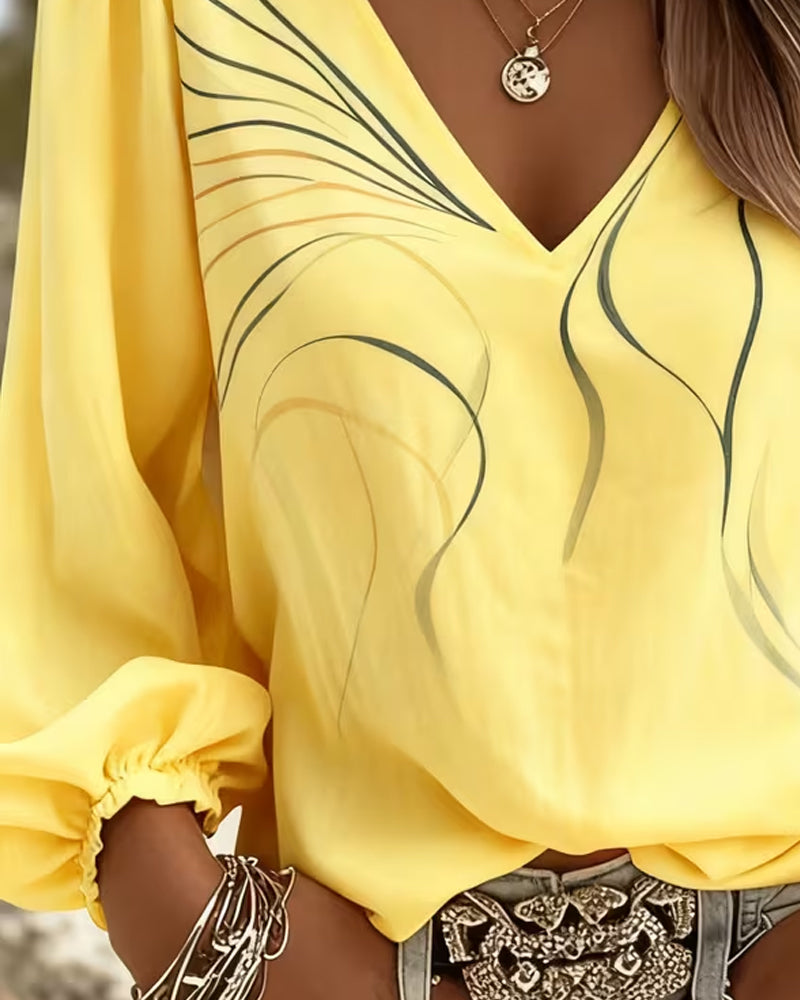 Blouse V-neck Line Printed Puff Sleeve