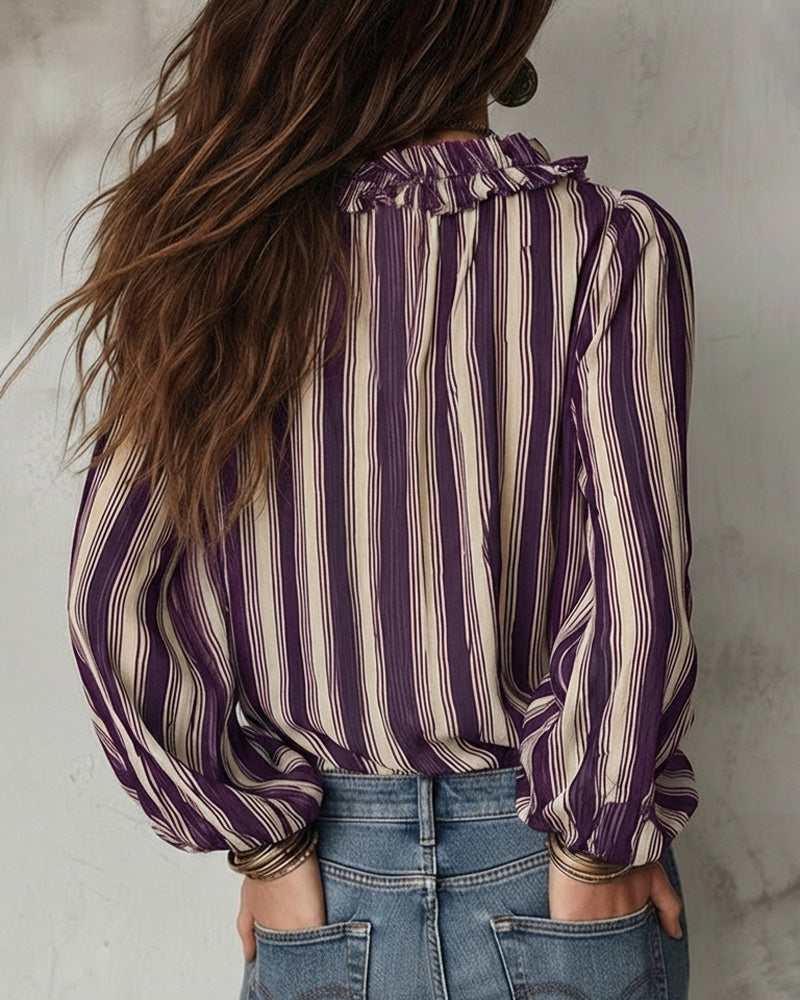 Blouse Deep V Vertical Striped Loose