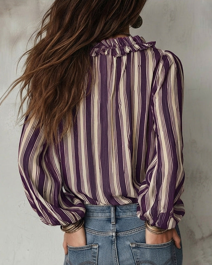Blouse Deep V Vertical Striped Loose