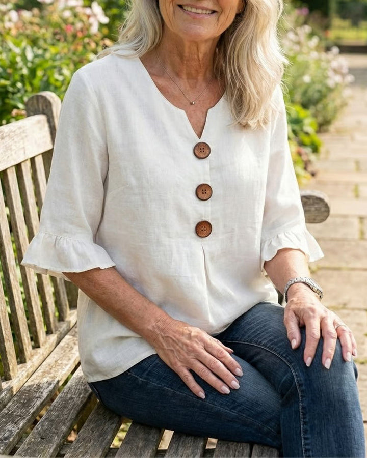 Solid Color Cotton Linen Blouse with Buttons and Ruffles