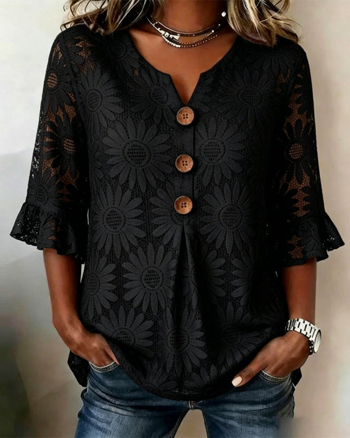 Blouse with Ruched Daisy Pattern and Ruffled Sleeves