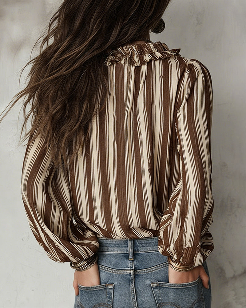 Blouse Deep V Vertical Striped Loose