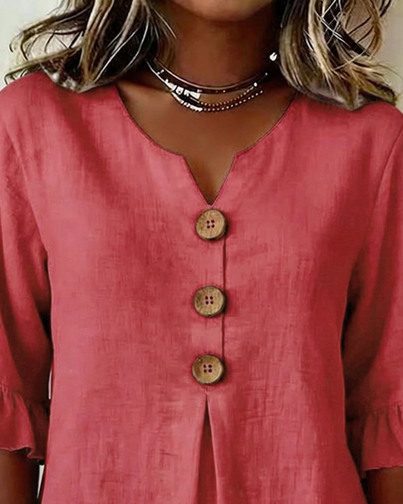 Solid Color Cotton Linen Blouse with Buttons and Ruffles