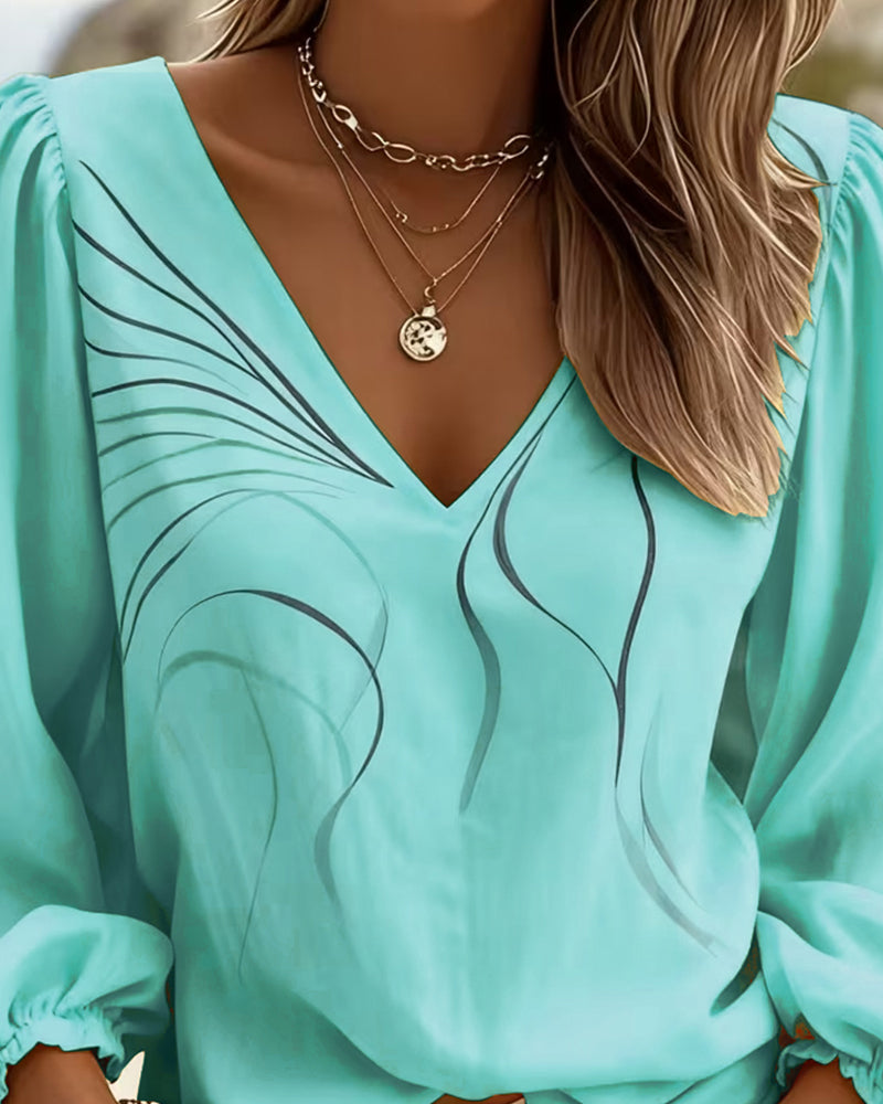 Blouse V-neck Line Printed Puff Sleeve