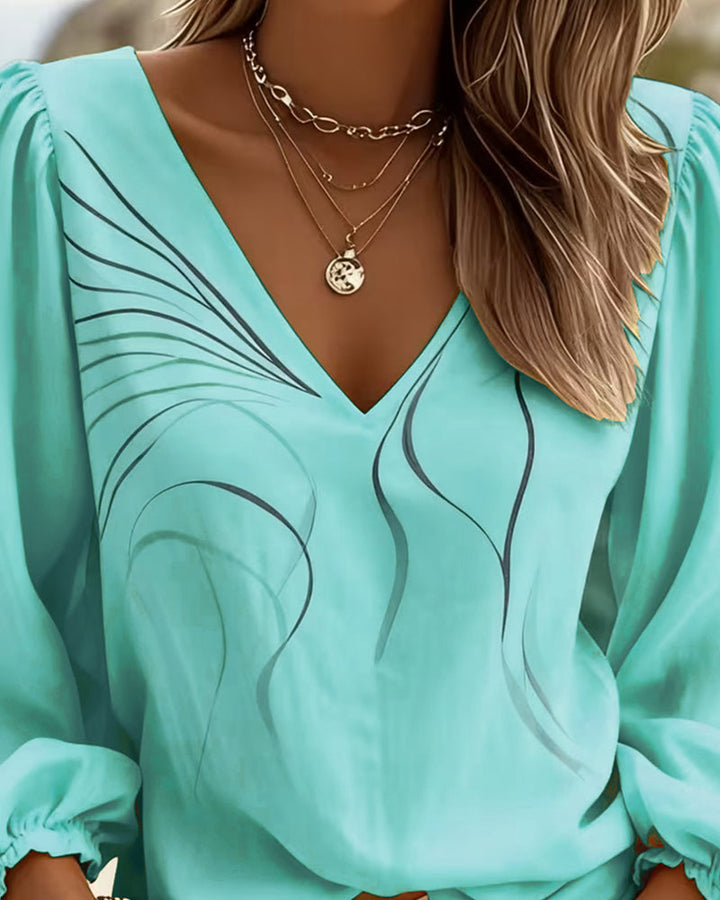 Blouse V-neck Line Printed Puff Sleeve