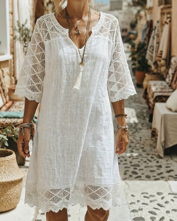 Casual V-Neck Lace Patchwork Dress