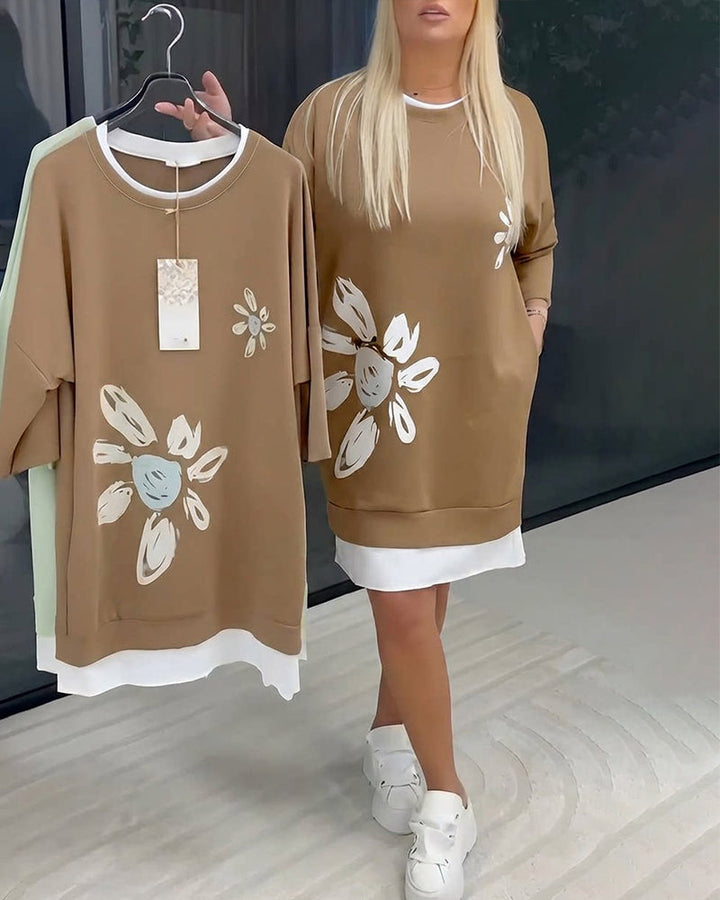 Sweatshirt Dress Round Neck Printed Patchwork