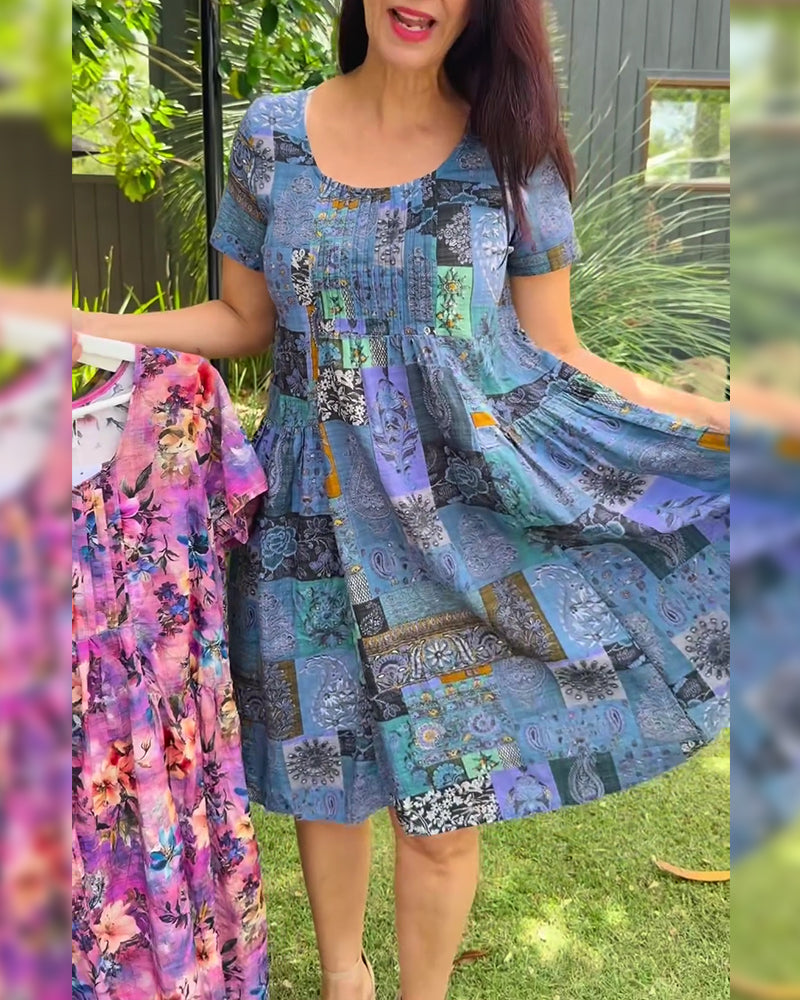Round Neck Pleated Printed Dress
