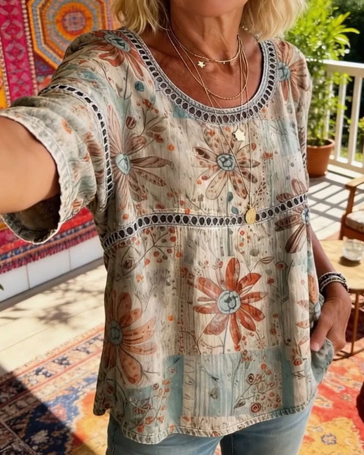 Cut-Out Top with Round Neck Print