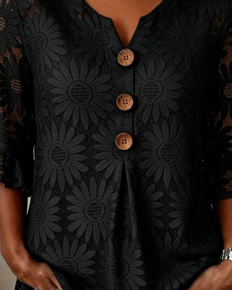 Blouse with Ruched Daisy Pattern and Ruffled Sleeves