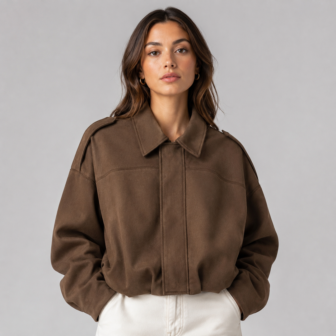 Mabel | Women's Collared Faux Suede Bomber Jacket