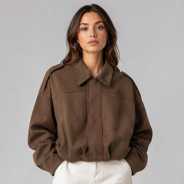 Mabel | Women's Collared Faux Suede Bomber Jacket