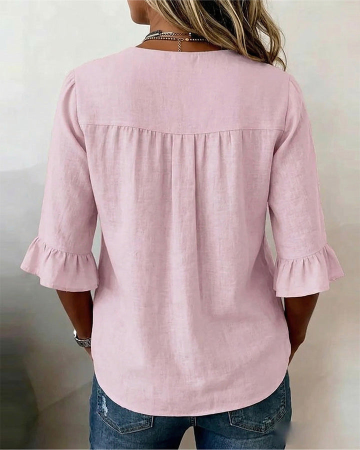 Solid Color Cotton Linen Blouse with Buttons and Ruffles