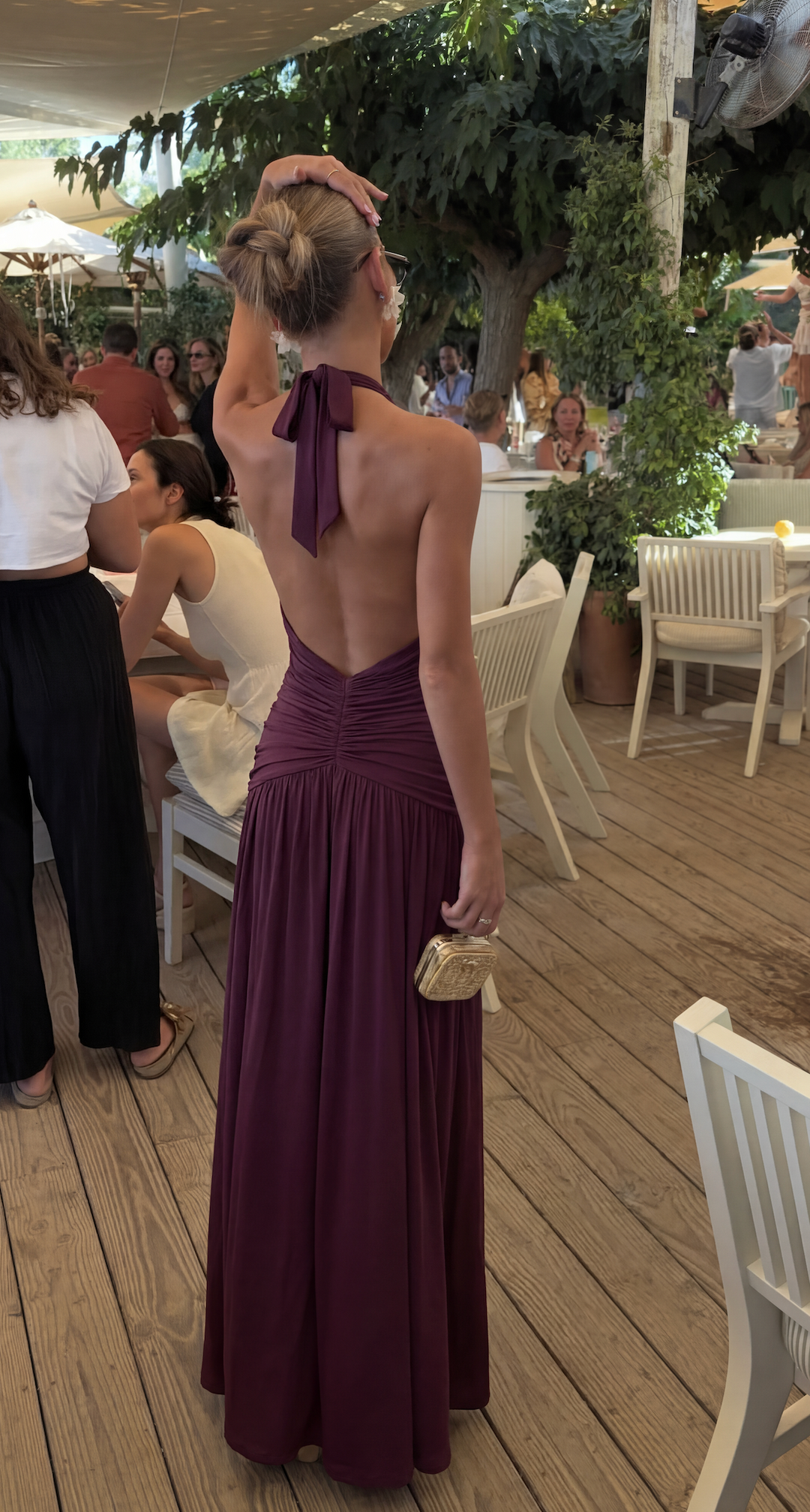 Elysia | Women's Plunging Halter Ruched Maxi Dress